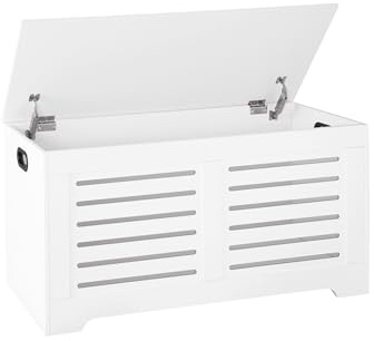 DINZI LVJ Storage Chest, 39.4”Wooden Toy Box with 2 Safety Hinges, Retro Entryway Shoe Storage Bench with Flip-Top, Sturdy Large Storage Trunk for Living Room, Bedroom, Easy Assembly, White