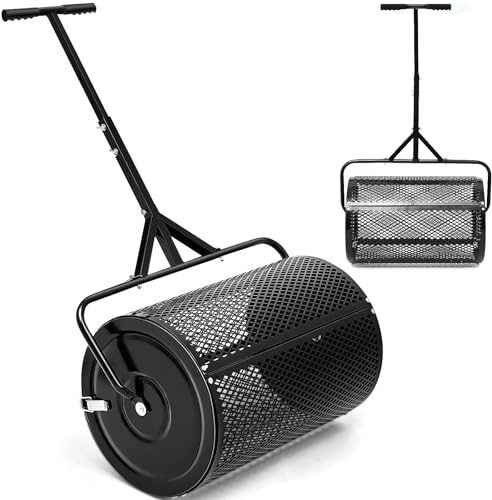 Hiboom 36 Inch Compost Spreader, Peat Moss Spreader, Manure Roller with Adjustable T Shaped Handle, ​Lightweight Metal Mesh for Lawn Garden Spreading Manure Topsoil (Black)