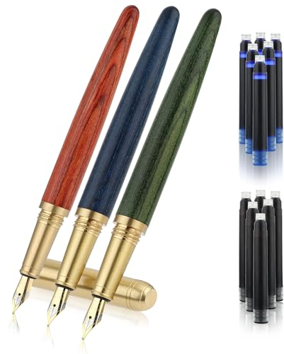 cobee® Vintage Wooden Fountain Pens Set, 3Pcs Handcrafted Luxury Wood Fountain Pen 0.5mm Smooth Writing Pen with 12 2.6 mm Ink Cartridges for Journaling Calligraphy School Office (B)