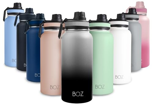 BOZ Stainless Steel Water Bottle - Vaccum Insulated Water Bottle 32 Oz - Wide Mouth BPA Free Sport for Gym with Spout Lid - Thermal Hot & Cold 1 Litre Gradient Black Waterbottle