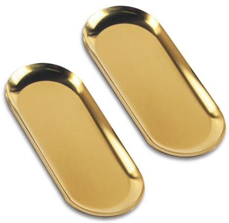 2 STK Tablett Gold, Serviertablett, Goldene Dekotablett, Deko Tablett Gold, Ablageschale, Ovale Schmuck Tablett, Dekoschale Edelstahl, Schmuckschale für Kosmetik Dessert Obst Kerzen, 23x9,5 cm