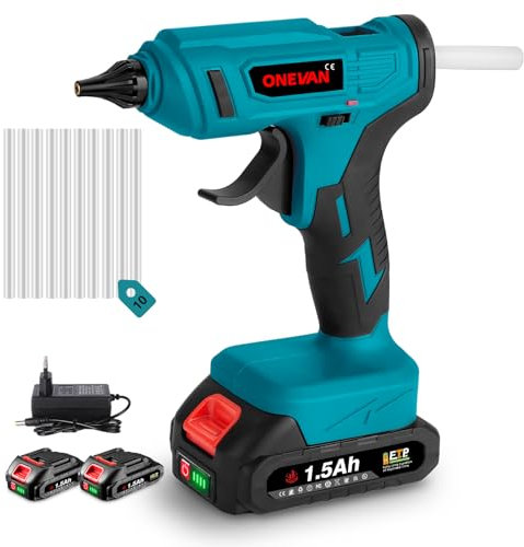 ONEVAN pistola colla a caldo senza fili, 280℃ pistola a caldo per colla con 2 batterie da 1500 mAh e 10 stick di colla a caldo da 11mm, pistola colla a caldo a batteria per lavori artigianali