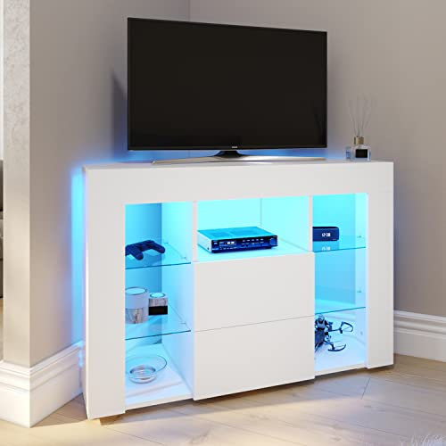 ELEGANT 100cm LED Corner TV Unit High Gloss Modern TV Stand Cabinet with Ambient RGB Lights for 32 40 45 50 inch 4k TV Living Room and Bedroom Furniture with Storage, White