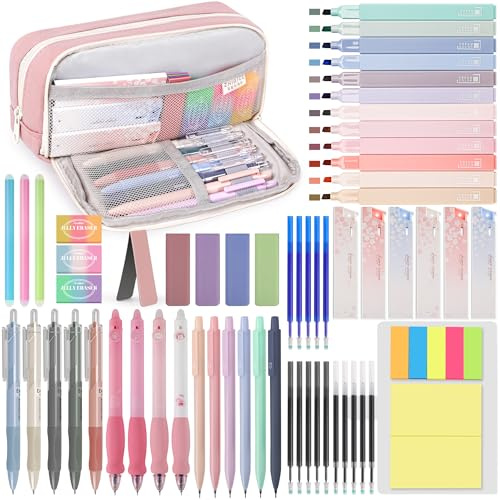 DazSpirit 61 Pezzi di Forniture Scolastiche con Astucci, 12 Evidenziatori Pastello, 4 Penna Gel Cancellabile, 5 Penne a Gel, 6 Portamine, Set di Cancelleria per Studenti, Appunti e Diario (Rosa)