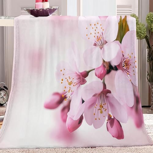 Decke Plüschdecke für Couch Sofa Schlafzimmer Dekoration Überwurf, Erlesene Blumen Kirschblüten Motiv Kuscheldecke Weich Bequem Decke Kuscheldecken für Couch Bett 150 x 200 cm Rosa