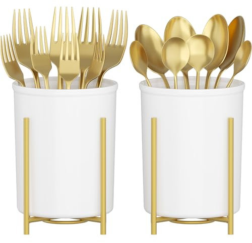 Lifewit Organizador de cubiertos 2 Piezas con Soporte de Metal Dorado, Portacubiertos para Bandeja de Cocina, Cesta de Plástico para Cubiertos Tenedores, Portacubiertos de Cocina Camping/Fiestas