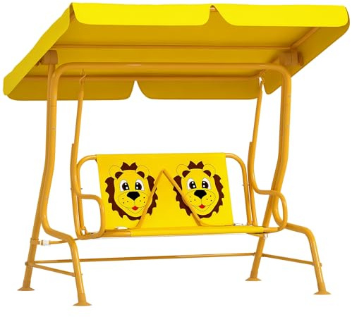 AIYAPLAY Dondolo per Bambini da Esterno a 2 Posti con Tettuccio Regolabile e Cinture di Sicurezza, Altalena Dondolo da Giardino e Interno in Acciaio e Oxford, Max 60 kg, 112x75x120 cm, Giallo