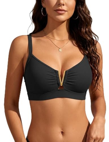 V Wired Bikini Top Only - Vintage Swim Top Padded Bra Swimsuits, Black, Large