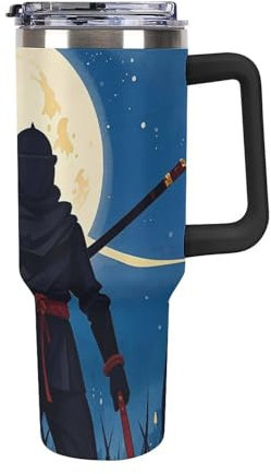 LPSADGF Moonlight Watercolor Style Ninja Insulated Stainless Steel Travel Mug, 40 Oz Tumbler with Handle And Straw Double-Wall Vacuum Coffee Cup, Leak-Proof Lid, Keeps Drinks Hot/Cold for Hours