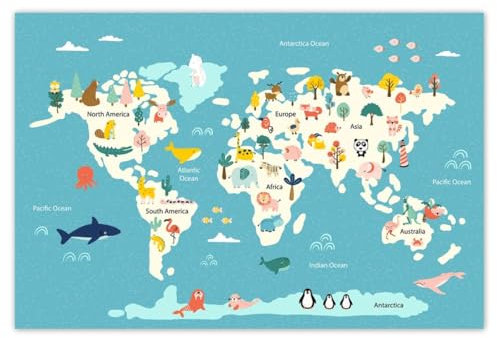 Tapet icke-vävd 200 x 135 cm världskarta med djur nr. H10526M_TV1AL