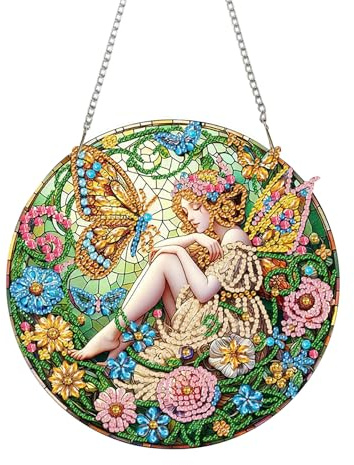 Zamety Diamond Painting Pendente, Fata Farfalla Diamantini Crystal Art Ciondolo, 5D Diamond Painting Adulti Pendenti con Catena, DIY Pittura Diamante Suspendus per Giardino Porta Finestre Decorazioni
