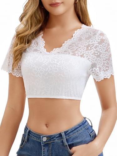 Blusa Dirndl para Mujer Encaje Blancas V Cuello Blusa Tradicional Manga Corta Parte Delantera Forrada Oktoberfest Blusas Dirndl Espalda Hueca S