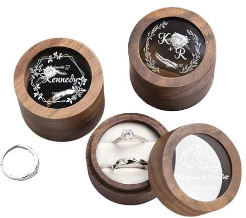 toyofmine Scatola Per Anelli Di Nozze e Fidanzamento in Legno, Personalizzabile con Nomi Incisi, a Forma di Cerchio, Regalo di Compleanno per Donne, Per Proposta di Fidanzamento e Matrimonio