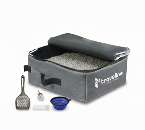 Traveline Portable Cat Travel Litter Box with Lid & Accessories Collapsible, Leak-Proof, Foldable Litter Box for Cats Includes Scoop, Bowl, Toy & 10 Disposable Bags Cat Travel Essentials