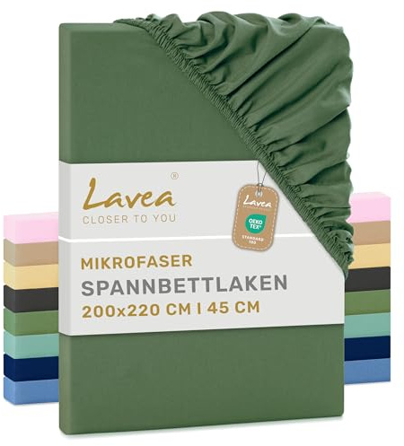 Lavea® Lenzuolo con Angoli super King Size 200x220 cm – Microfibra Morbida e Traspirante – Per Materassi fino a 35 cm – Con Elastico Tutto Intorno – Certificato OEKO-TEX – Verde oliva
