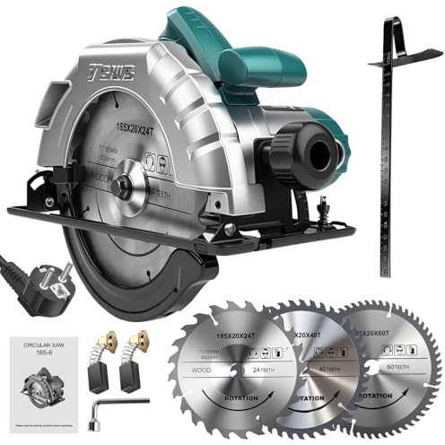 Sega Circolare 1200W con Guida, Sega Circolare per Legno 5200RPM, 3 Lame Ø: 185mm (24T+40T+60T), Profondità di Taglio Max. 60mm (90°), 45mm (45°), Interruttore di Sicurezza, Cavo da 2m per Legno, PVC