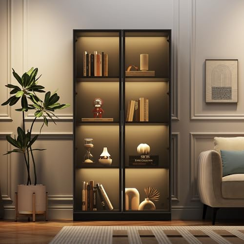 NADEUSAK Vitrina de cristal, 80 x 160 cm, color negro, doble puerta, con estantes móviles, armario alto para salón, vitrina de pie
