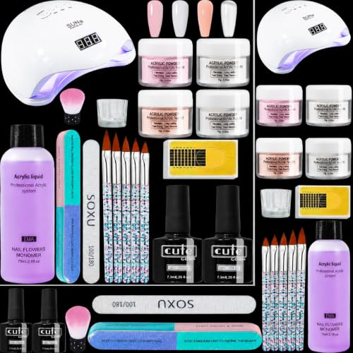CENBEII Acrylic Nail Kit: 4 Colors Acrylic Powder White Transparent Pink Nude - UV Lamps with 75ml Liquid Nail Practice Kit for Manicure Enthusiasts