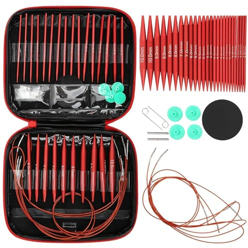 Kit di 13 paia di ferri da maglia da 10,2 cm di lunghezza, set di aghi circolari in alluminio, cavi 40/60/80/100 cm, per uncinetto e maglia, smontabili, con custodia per lavori a maglia fai da te