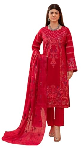 HOORE LONDON Women's Ready to Wear 3 Piece Embroidered Cotton Lawn Suit | Red Pakistani Salwar Kameez with Lace Details & Dupatta | Women Party Dress Ethnic Wear for Eid, Weddings & Festivals