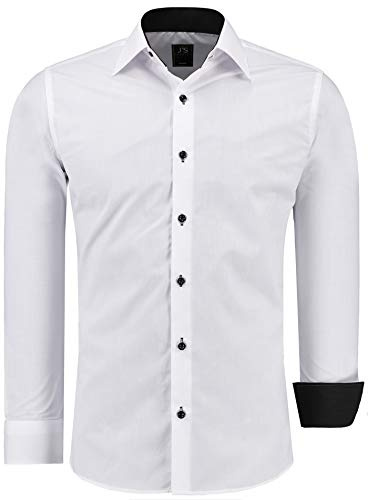 J'S FASHION Camicia da Uomo a Maniche Lunghe, Slim-Fit, Facile da Stirare Bianco/Nero XL