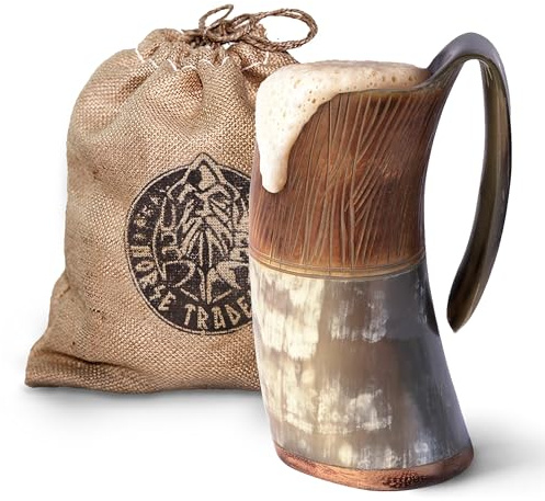 Norse Tradesman LG Viking Drinking Horn Mug - 100% Authentic Flame Treated Beer Horn Tankard with Engravings | The Jarl, Approx. 1 Pint