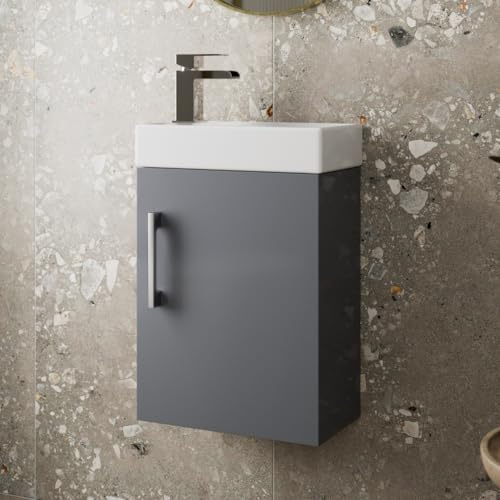 AURORA® 400mm Wall Hung Vanity Unit Furniture, Wash Basin Bathroom Sink, Soft Close Door, Storage Cabinet, Grey Gloss