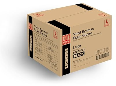 Basic Disposable Medical Synmax Vinyl Exam Gloves - 4 mil Safty Glove 1000pcs - Latex-Free & Powder - SGBE 8003, Large (Case of 1000, Black)
