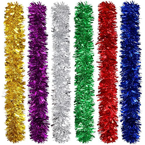 Fovths 6-Piece Colorful Christmas Tinsel Garland - Chunky Fine Decoration, 8.2 Feet Each, Luxury Tinsel for Indoor & Outdoor Party Decor