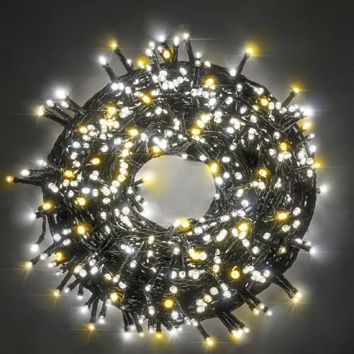Luccika Julkrans med LED-lampor på grön kabel, för inomhus- och utomhusbruk, 31 V-styrenhet med 8 uppsättningar ljus och minne (kall vit + varmvit, 15 m, 300 LED)