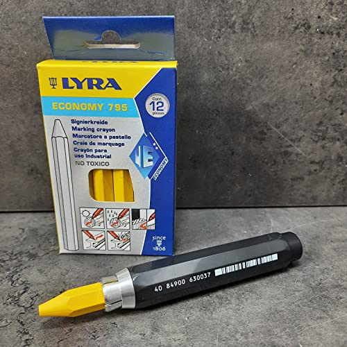 Lyra Profi Markierkreide mit Kreidehalter -12xSignierkreide für Holz, Metall, Stein, Beton, Fliesen,1 Halter Forstkreide (Gelb)
