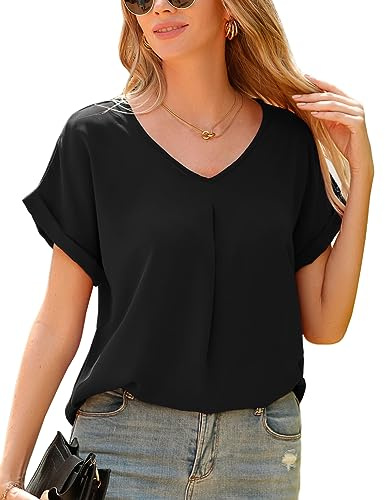 Yuson Girl Camicia Donna Maglietta Chiffon Donna Maniche Corte Camicetta con Scollo a V Elegante Blusa Estivi di Colore Puro Manica da Donna Casual Top T Shirt Sexy Donna Manica Corta(Nero, XL)