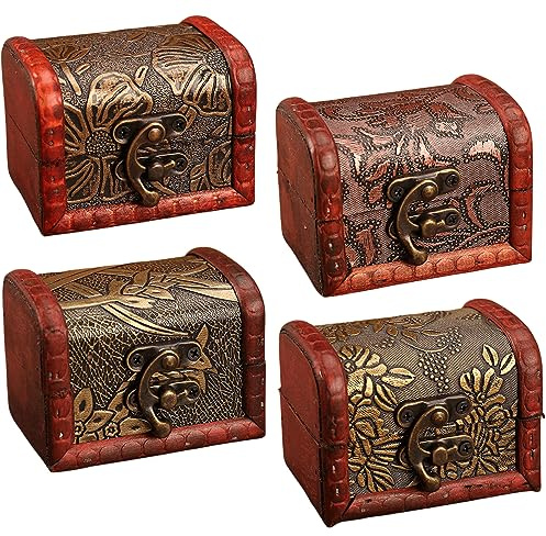 4 Stücke Holz Schatztruhe: Mini Kiste, Vintage Truhe, Piratenschatzkiste, Schmuckschatulle - Geeignet Zum Aufbewahren und Dekorieren, Kindergeschenk