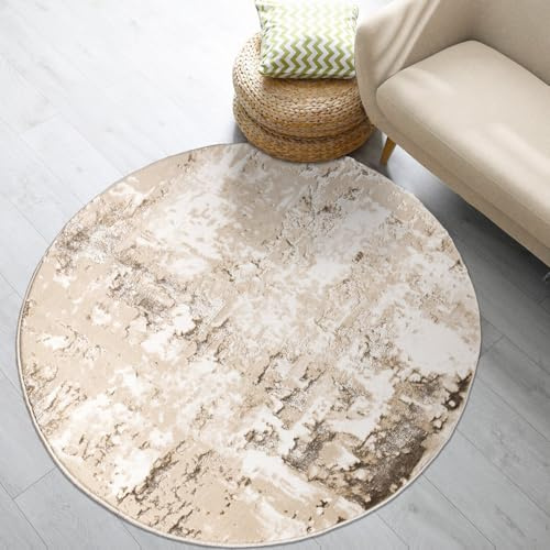renoazul® Turkish Pattern Washable Jute Back Round Rug, 3 ft 11 in x 3 ft 11 in, 120 x 120 cm, Abstract Beige, Jute Back Carpet for Hall, Bed, Dining and Sitting Room