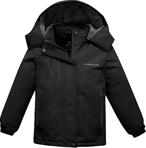 FARVALUE Girls Waterproof Ski Jacket Windproof Winter Coat Warm Snow Coat Outdoor Raincoats with Removable Hood Black 8