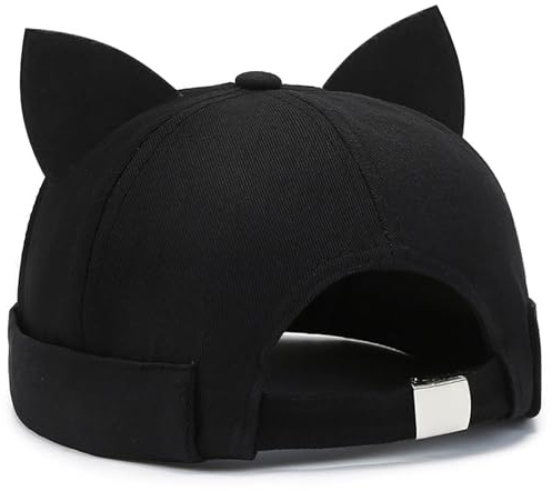 XYIYI Women Black Docker Cap Cute Cat Ears Hats Beanie Sailor Cap Worker Hat Rolled Cuff Retro Brimless Hat