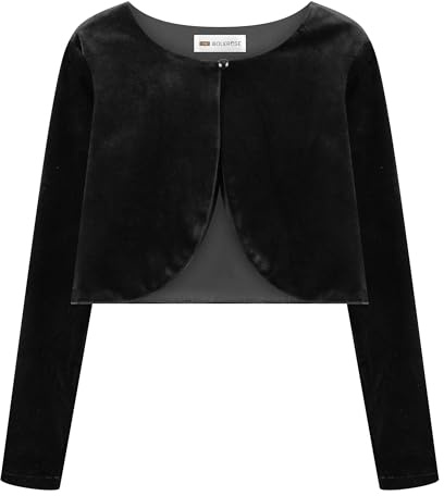 Bolerose Boléro Pull en Velours à Manches Longues pour Fille Enfant (Noir, 9-10 Ans)