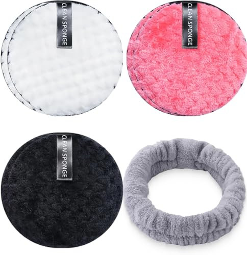 KOLZEMV Confezione da 6 dischetti struccanti riutilizzabili con fasce per capelli da spa, grandi dischetti viso bifacciali, dischetti struccanti, dischetti struccanti riutilizzabili, dischetti cotone