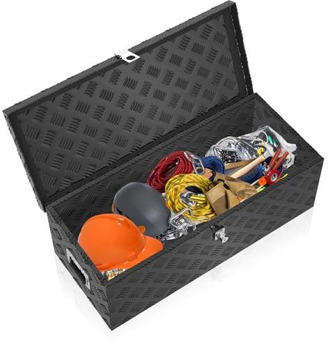 FIVMEN Caja de aluminio con tapa de aluminio, caja de herramientas con cerradura, llaves y asa, caja de herramientas, maletín de transporte, caja de aluminio, 99 x 33 x 26 cm, color negro