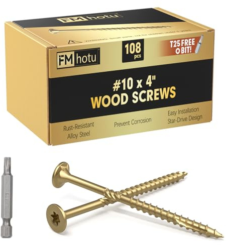#10 x 4” Deck Screws, 108Pcs Star Drive Wood Screws, Rust Resistant Timber Screws for Timber/Log/Landscaping Wood, T25 Star Bit Included, Gold