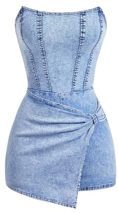 SOLY HUX Women's Y2k Tube Top Denim Romper Wrap Strapless Bodycon Short Jumpsuits Solid Blue Small
