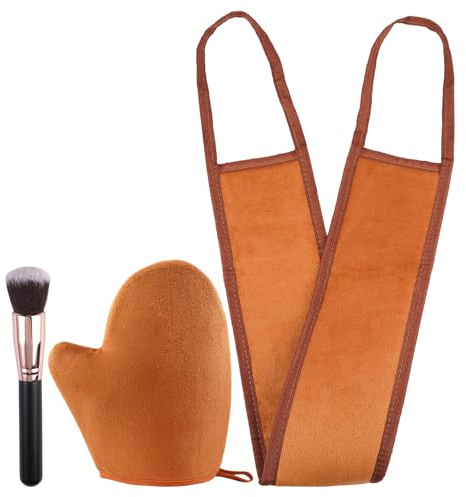 Juego de guantes autobronceadores, 3 en 1, aplicador de espalda, para autobronceador, para aplicación, cuidado de la piel (incluye guantes, paño de limpieza, cepillo de aplicación, marrón)