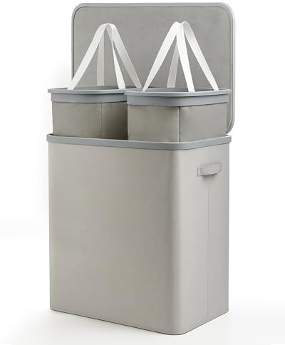 Keplin Collapsible Double Laundry Basket with Lid & Removable Liner – 150L 2-Compartment Clothes Sorter, Fabric Laundry Hamper with Handles, Easy Assembly, Stylish Storage for Home, 56x40x67cm, Grey