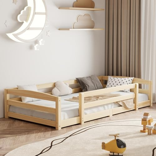 ZIKEBTUY Floor bed 90x190cm Montessori Floor Bed with Fall Protection and Slatted Frame Solid pine wood bed Load capacity up to 100 kg For boys, girls, Single children's bed