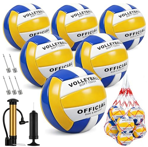 6 Pack Volleyballs Official Size 5, Waterproof Soft Volleyball With Pump and Net Bag for Indoor Outdoor Beach Pool Water Gym Training - Competition Volley Ball for Training Match for Beginner
