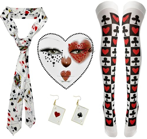 GYIOFAI 4PCS Accessori per il costume da regina,Regina di Cuori Costume Donna, Set di Accessori per Il Poker,Calze Adesivi per la Faccia del Cuore Cravatta Orecchini per Carnevale Halloween Cosplay