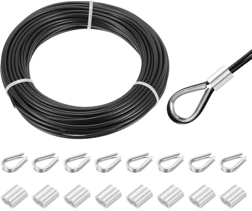 QUARKZMAN 8 Piezas Cable De Acero Inoxidable 304 20m De Manguitos Negro | De Aluminio Y Ojal, Con Recubrimiento De Vinilo, 3mm (1/8), Para Barandales Cubiertas Tendido De Ropa