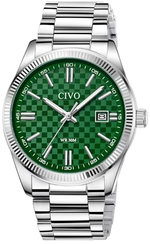 CIVO Analog Business Uhren Herren: Edelstahl Wasserdicht Quarz-Kleiduhr - Elegante Grün Kariertes Zifferblatt mit Leuchtzeigern und Datum für Stilvoller Geschäftsmann