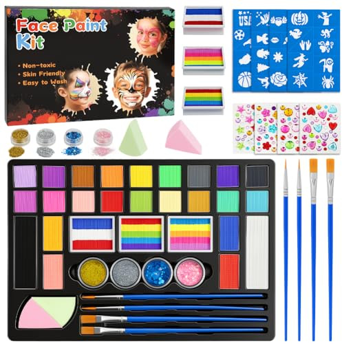 AYBUY Barnsminkset, 24 färger, smink, karneval, barnsmink, karneval med pensel, glitter, tatueringsmallar, tvättbar ansiktsmålning, sminkset för halloween, karneval, smink