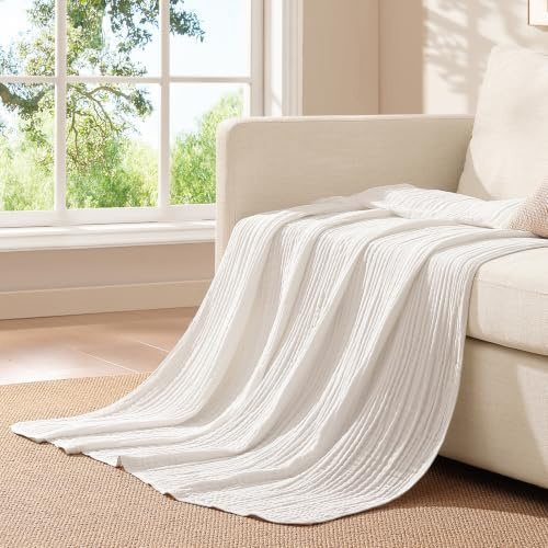 Topfinel Jete de Canape Grande Taille, Grande Couverture en Mousseline, 100% Coton, Plaid pour Adultes Blanc, Certifiée Oeko-Tex 220x240 CM, Couverture Rafraîchissante Et Respirante pour Lit